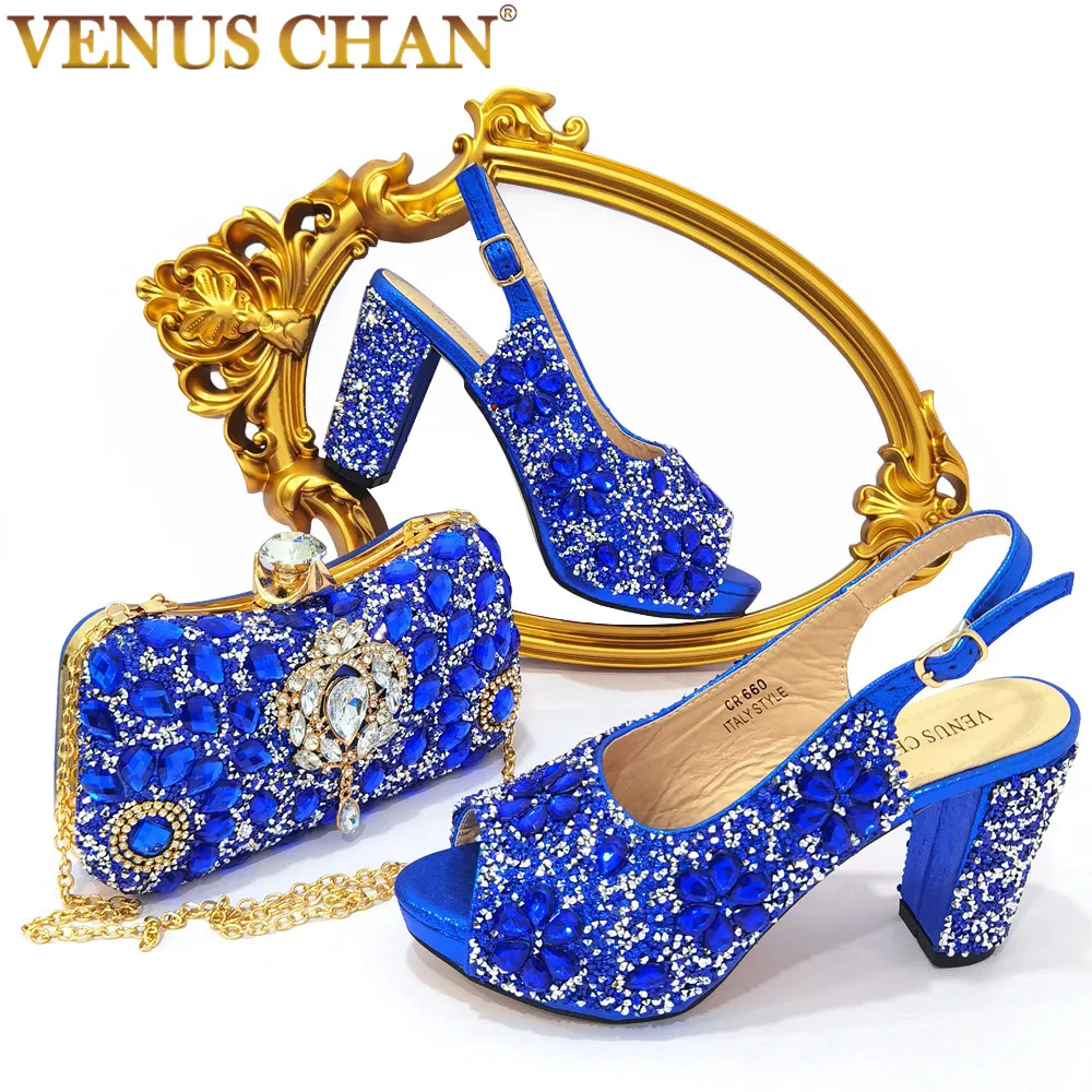 

Venus Chan 2022 Nigerian Summer Hot Sale Luxury Fashion Ladies High Heel Slippers and Bags Set with Rhinestones for Wedding