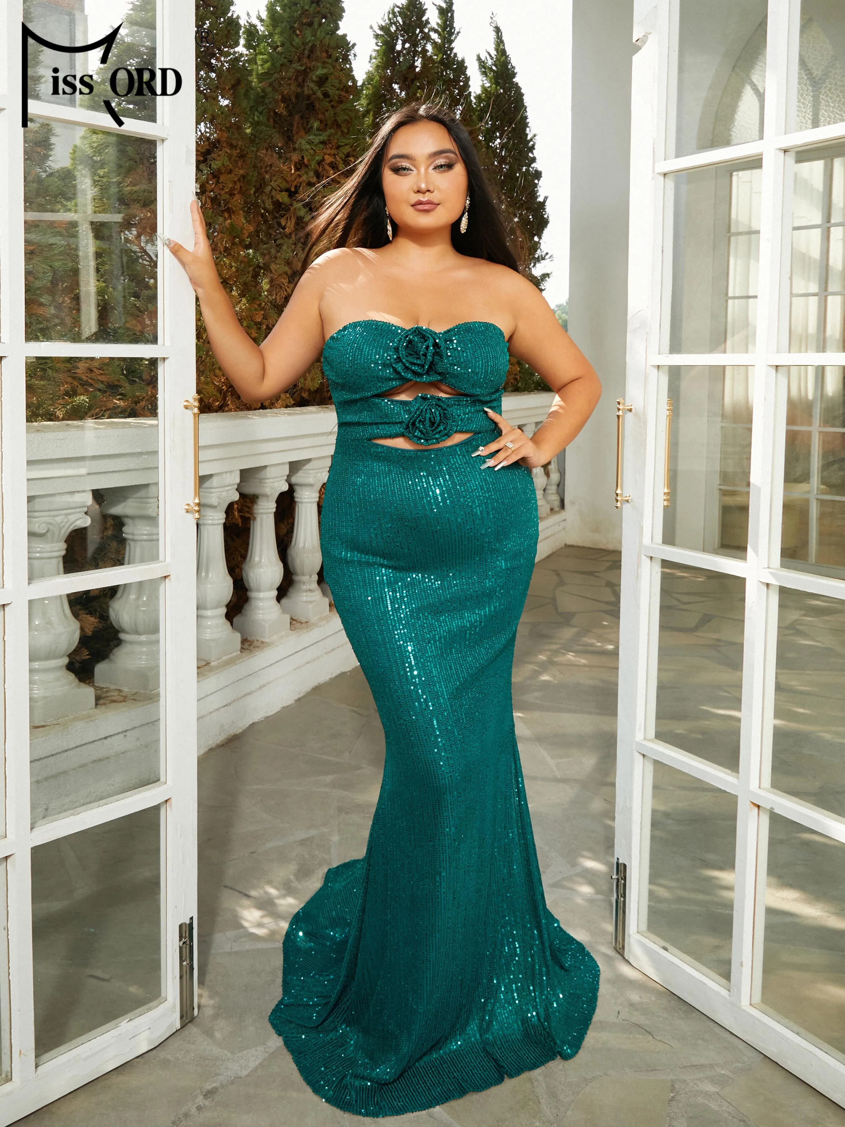 

Missord Elegant Green Plus Size Mermaid Evening Dresses Women Strapless Sequin Appliques Cutout Bodycon Maxi Party Prom Dress