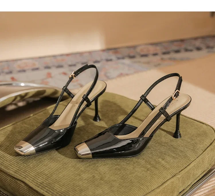 Fashion Square Toe Thin High Heels Women Metal Decoration Cover Toe Design Back Strap Patent Leather Heeled Sandals for Women 11 Sb0016c73af144e098f5ab4c2b20e2567b