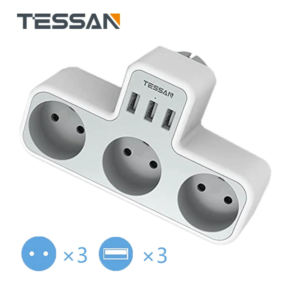 TESSAN EU Standard Plug Power Strip with 3 USB Ports & AC Outlets Multi Extender Wall Socket Adapter Type-E/F |