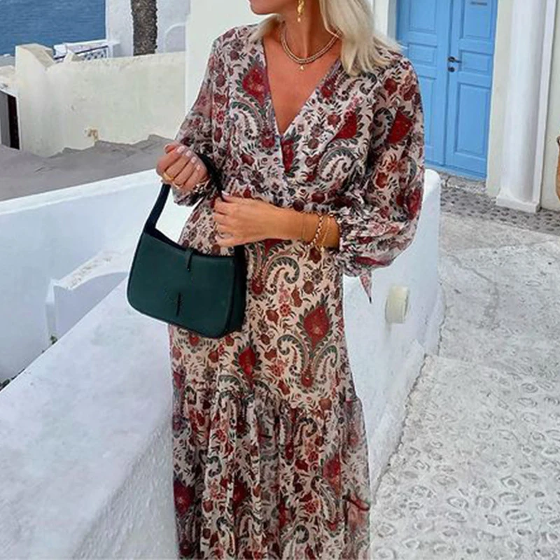 Bohemian Print V-neck Women's Dress 2024 Summer Long Sleeved High Waisted Dress Vintage Lace Up Pleated Holiday Dresses Vestidos
Bohemian Print V-neck Women's Dress 2024 Summer Long Sleeved High Waisted Dress Vintage Lace Up Pleated Holiday Dresses Vestidos