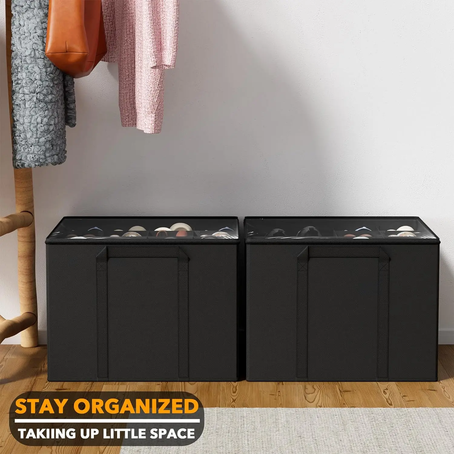 

Shoe Organizer for Closet, 2 Pack Foldable Shoe Storage Containers Baskets Boxes Bins w/Adjustable Dividers