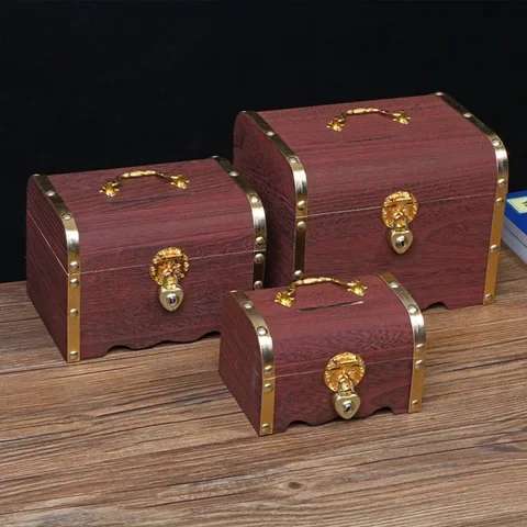 

Vintage Pirate Treasure Wooden Piggy Bank Cash Coins Safe Money Saving Box Kids Children's Day Birthday Gift With Heart Lock