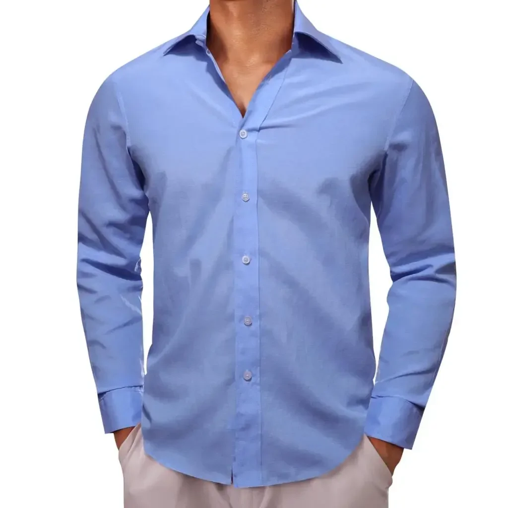 

Luxury Solid Shirts for Men Cotton Long Sleeve Black Blue Green Gold Pink Slim Fit Male Blouses Casual Business Tops Barry Wang