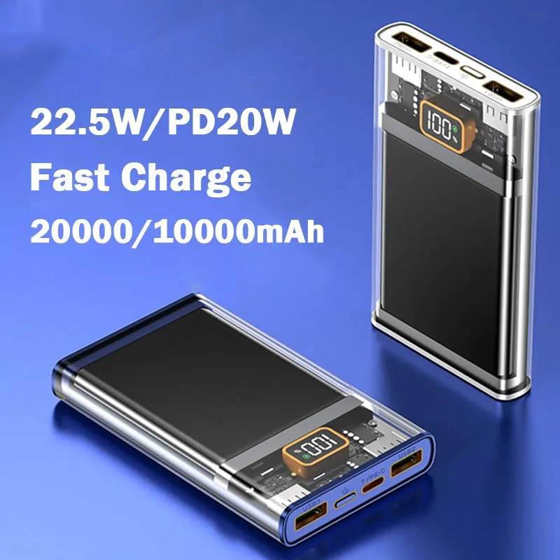 

20000mAh Power Bank 22.5W Type C Fast Charging Portable Powerbank 10000mAh Transparent Mini Charger bateria externa carga rapida