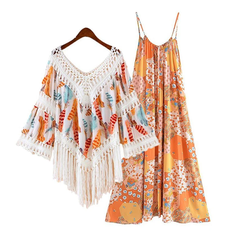 

Summer Dopamine Two Piece Skirt Set For Women's 2024 Tassel Cloak Top Suspender Dress Two-Piece Set