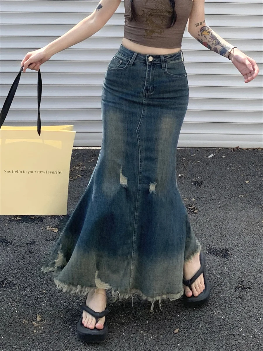 

Slergiri Women Y2k Retro Frayed Mermaid Hem Ripped Jean Skirt High Waist Fashion Streetwear Do old Washed Denim Long Skirts