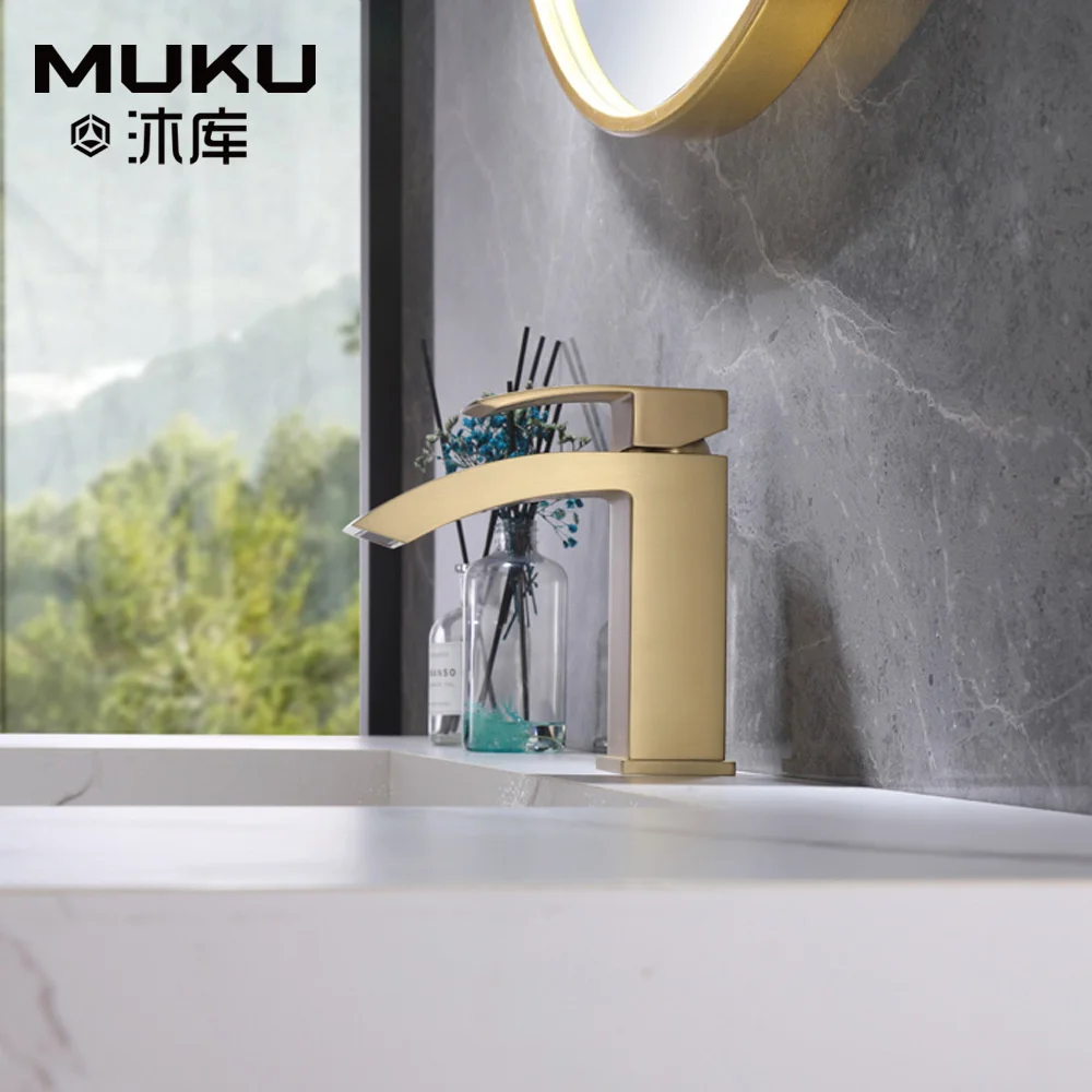 

Muku Nordic Brass Brushed Gold Basin Waterfall Bathroom Faucets Single Hole Washbasin Sink Crane Faucet Cold And Hot Mixer Tap