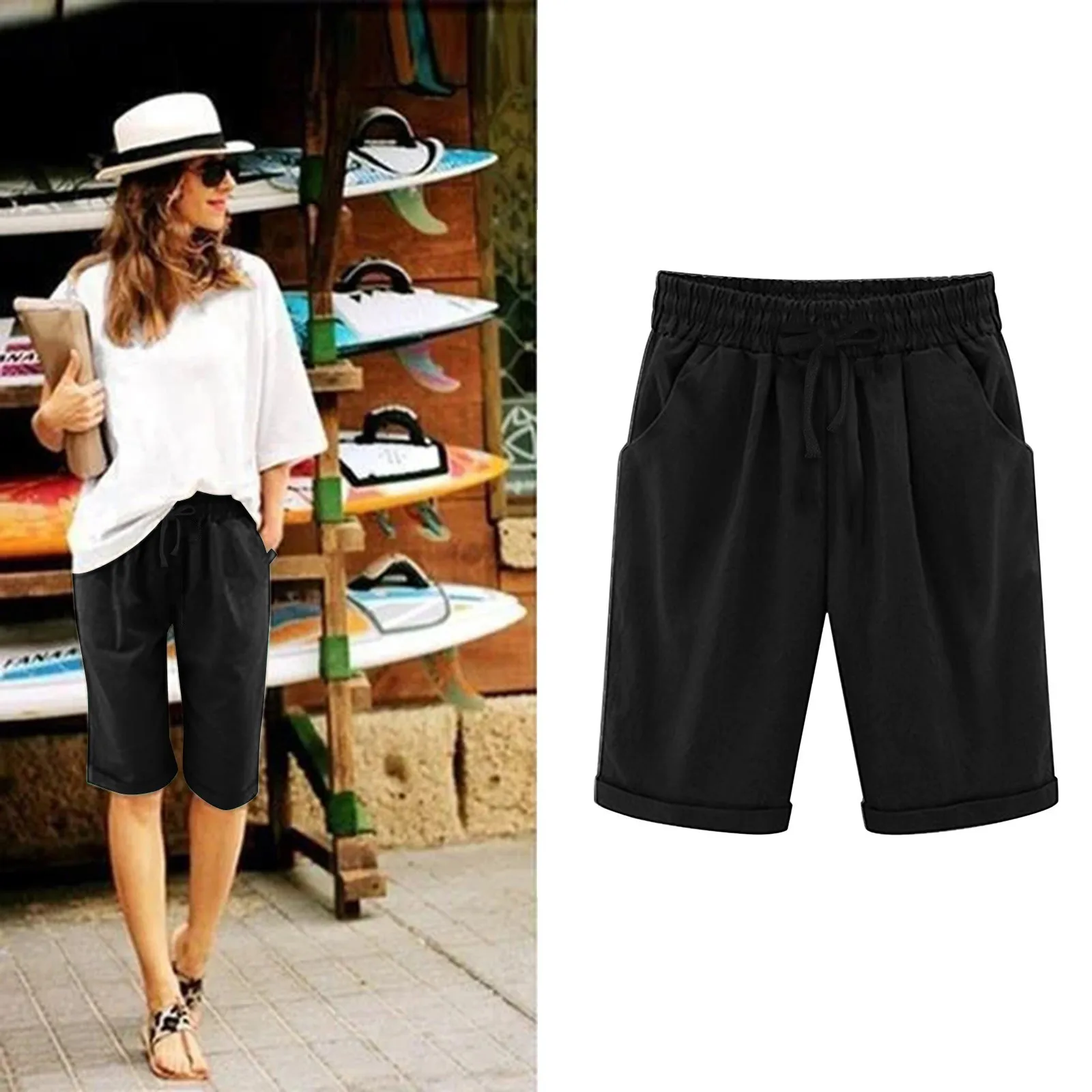 

Women's 2024 Summer Shorts Plus Size High Elastic Waisted Elastic Shorts Solid Color Beach Workout Pocket Five Point Pants