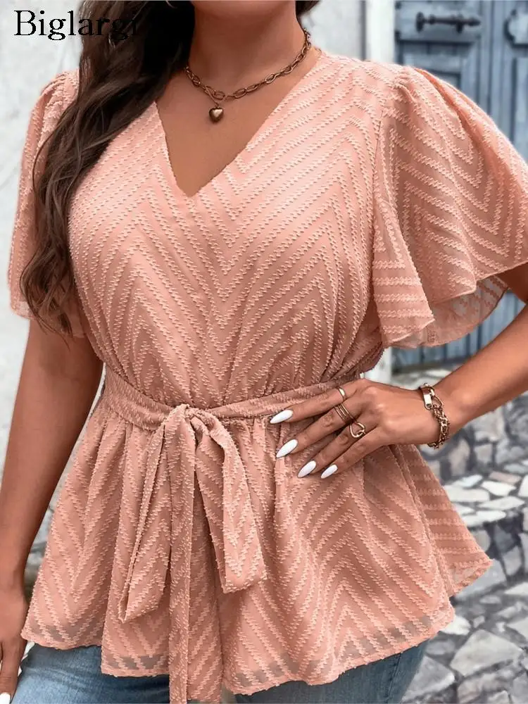 Plus Size Summer Tops Women Pink Ruffle Pleated Elegant Ladies Blouses Loose Casual Fashion Woman Tops 2023
Plus Size Summer Tops Women Pink Ruffle Pleated Elegant Ladies Blouses Loose Casual Fashion Woman Tops 2023