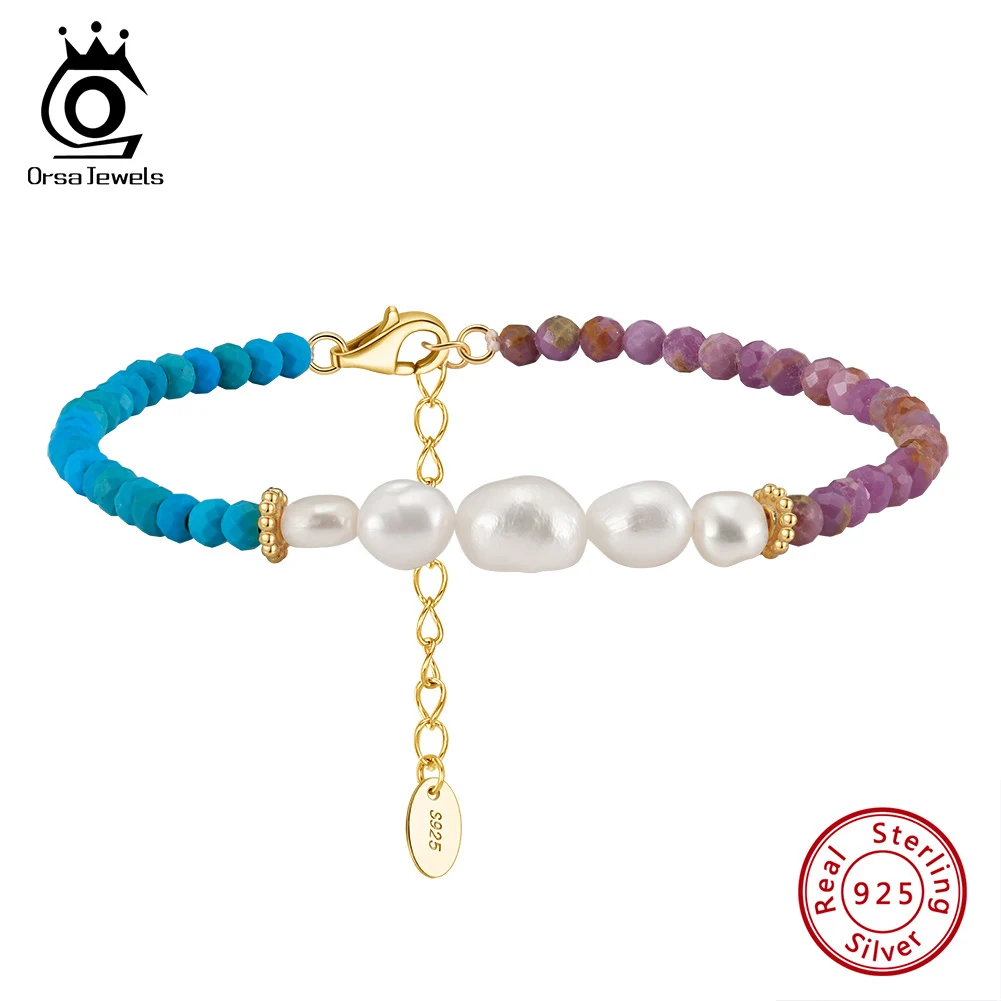 

ORSA JEWELS 14K Gold 925 Sterling Silver Turquoise Purple Mica Pearl Bracelet for Women Delicate Vintage Jewelry MPB04