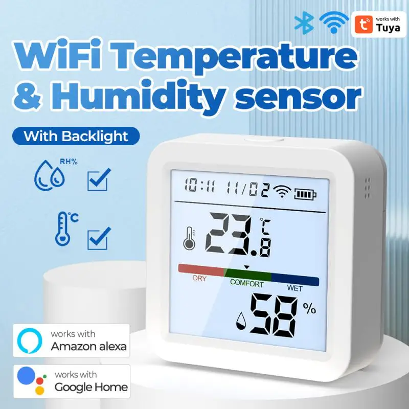 

Умный Wi-Fi датчик температуры и влажности Tuya, комнатный гигрометр, термометр с ЖК-дисплеем, поддержка Alexa Assistant
