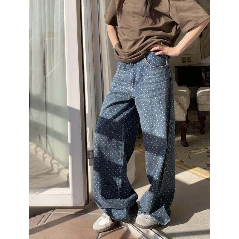 

Spring 2024 Ladies Blue Polka Dot Designer Wide-Leg Jeans Women's High Waisted Casual Denim Pants Fashion Loose Female Trousers