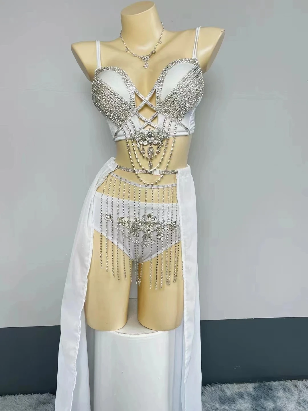 

White Tailing+Sparkly Rhinestones Fringe Bikini Set Female Singer Dancer Stage Wear Rave Party Nightclub Bar Costume S-XL ﻿