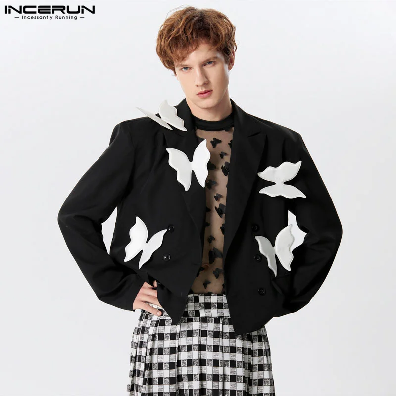 

INCERUN Tops 2024 American Style Handsome Mens Sticker Flower Design Suit Coats Fashion Casual Cropped Long Sleeved Blazer S-5XL