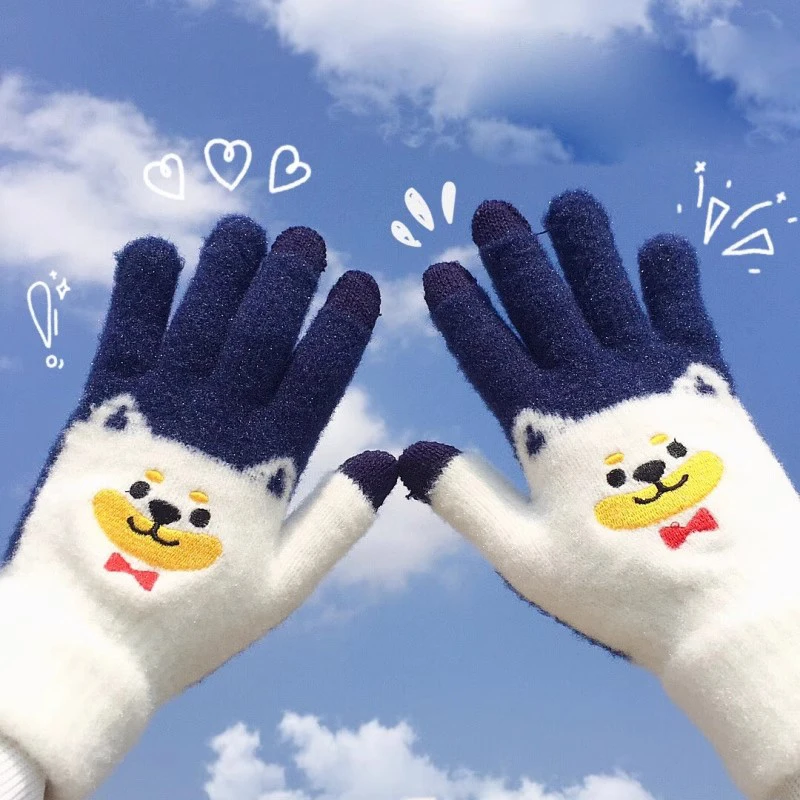 

Winter Warm Plush Gloves Finger Glove Sliding Screen Warm Cartoon Shiba Inu Shape Plush Five Fingers Mittens Cute Girl Gloves