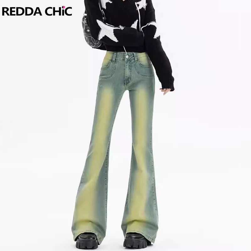 

REDDACHiC Y2k Retro Green Wash Flare Jeans Women Stretchy Skinny Bootcut Denim Pants High Rise Female Trousers Korean Streetwear