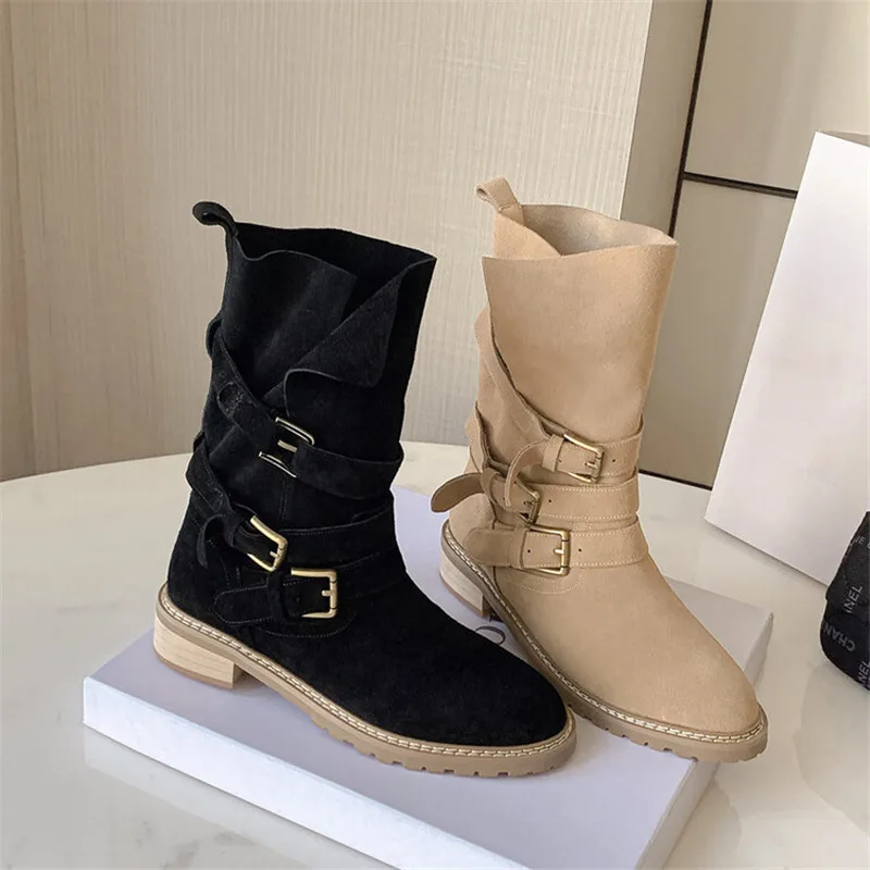 

2022 New Autumn Winter Women Boots Cow Suede Short Boots Round Toe Shoes for Women Slip-On Chunky Heel Cowboy Western Boots