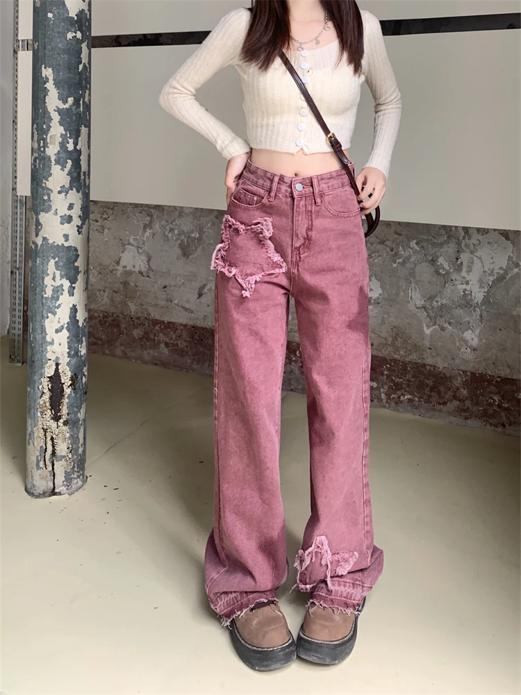 

Women's Star Patch Design Summer Wide Leg Jeans Young Girl Street Style Baggy Bottoms Vintage Casual Trousers Female Pants