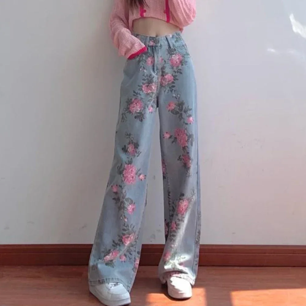 

Pattern Pants for Women Graphic Womens Jeans High Waist Shot Trousers Straight Leg with Pockets Print Clothes Cowboy Emo Hippie