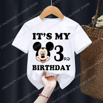 미키 마우스 어린이 티셔츠, 디즈니 생일 번호 1-9 소년 소녀 옷, 카와이 애니메이션 만화, 작은 아기 캐주얼 티셔츠