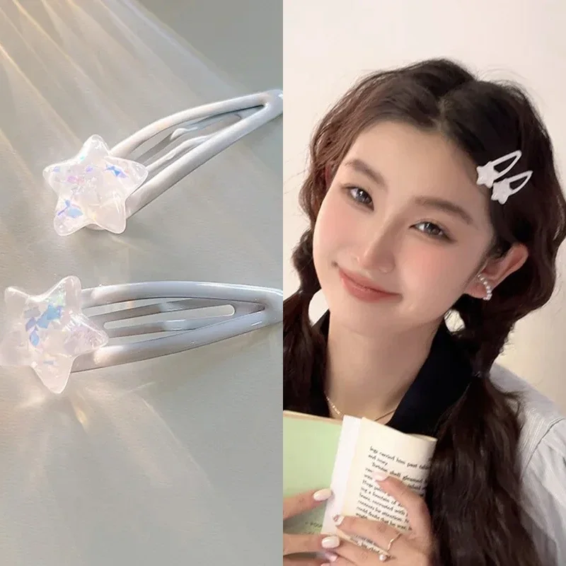

2pcs White Star Metal Snap Clip Hairpin Barrettes Star Hair Side Clip for Women Girl Korean Fashion Hair Styling Accessories New