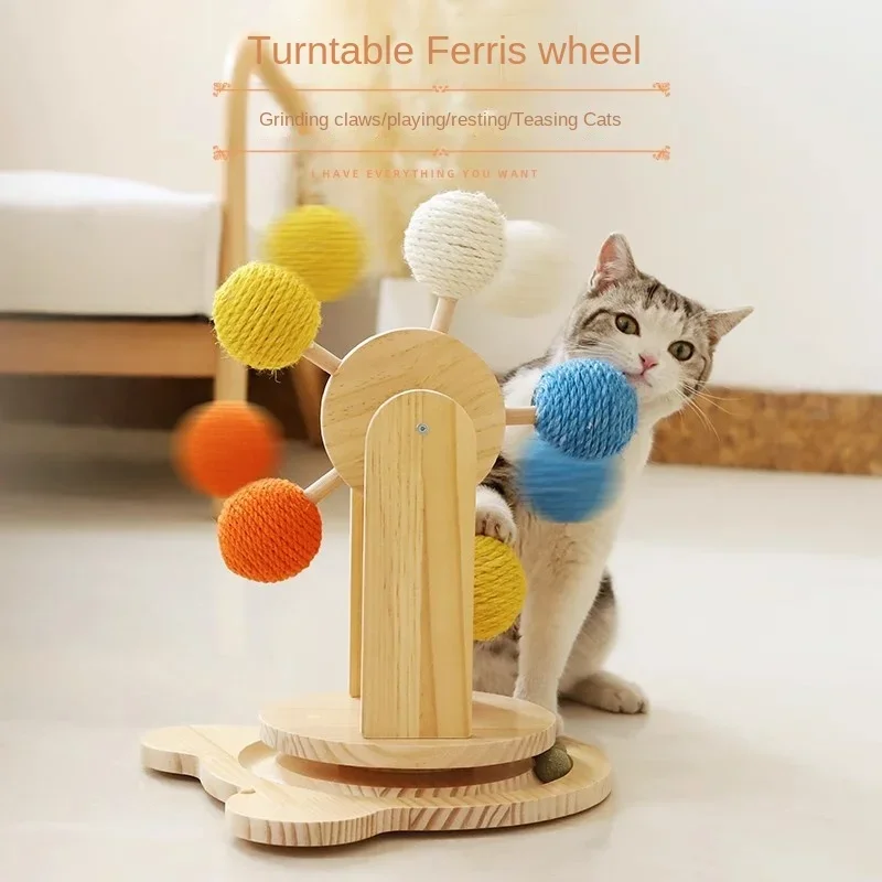 

Cat Teaser Stick Cat Self Indulgence Relieving Boredom Ferris Wheel Sisal Ball Cat Toy Solid Wood Cat Turntable Base Puzzle