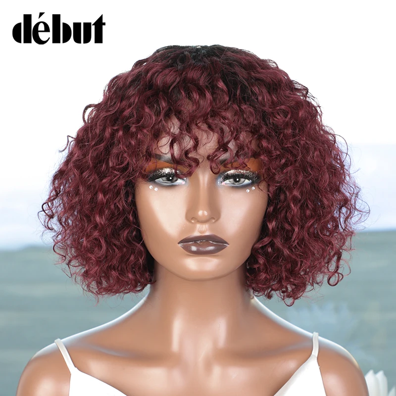 

Jerry Curly Short Pixie Bob Cut Human Hair Wigs With Bang Honey 99J Wine Color Non lace front Wig For Black Women Remy Hair