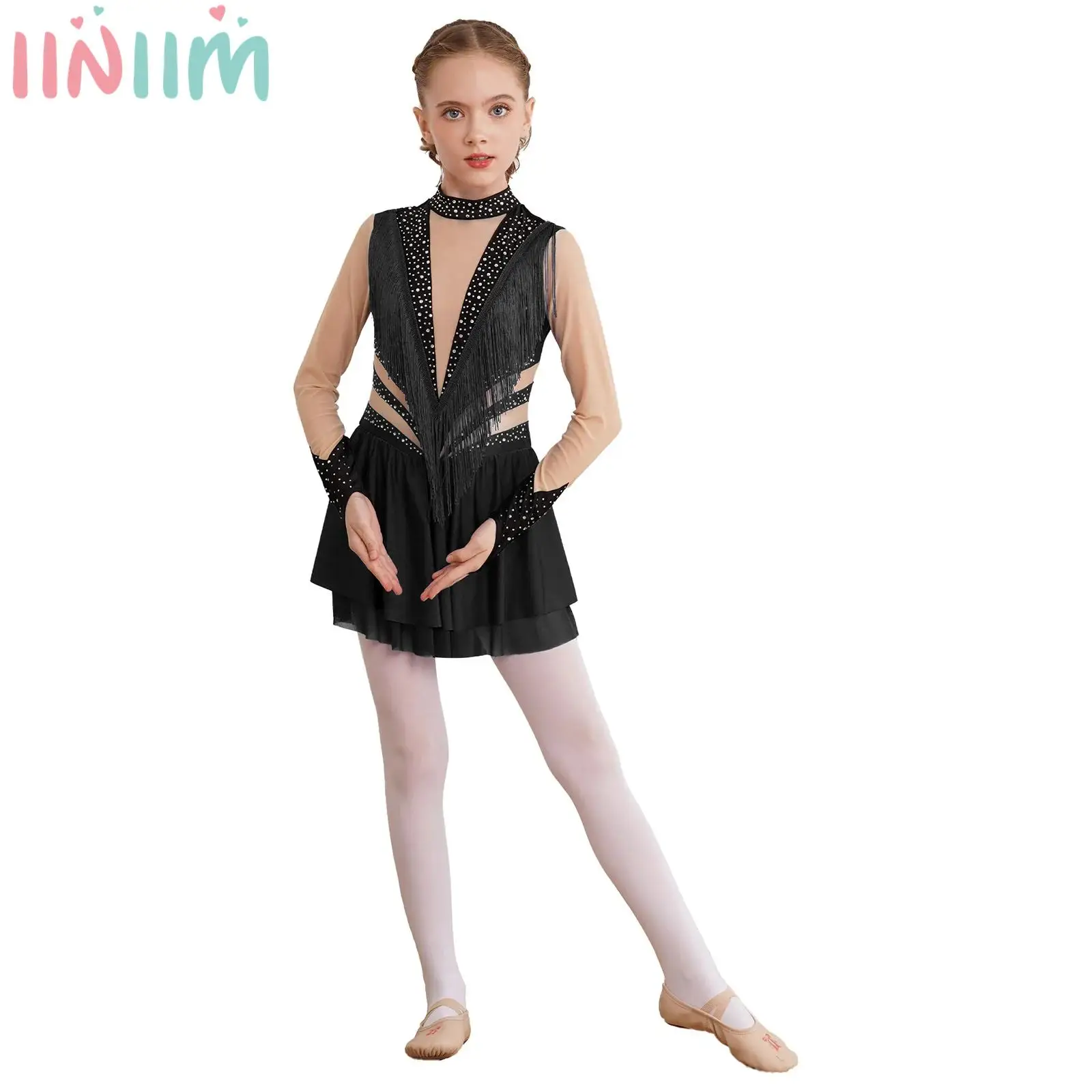 

Kids Girls Sparkly Rhinestone Long Sleeve Latin Dance Dresses Mock Neck Keyhole Back Fringed Figure Ice Skating Tassel Dress