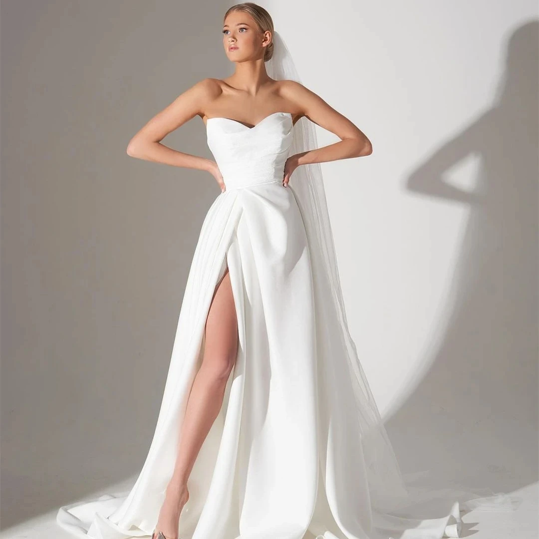 Elegant Wedding Dresses Strapless A-Line Sleeveless High Slit Bridal Gowns Simple Lace Up Back Pleated Vestidos De Novia W10388
Elegant Wedding Dresses Strapless A-Line Sleeveless High Slit Bridal Gowns Simple Lace Up Back Pleated Vestidos De Novia W10388