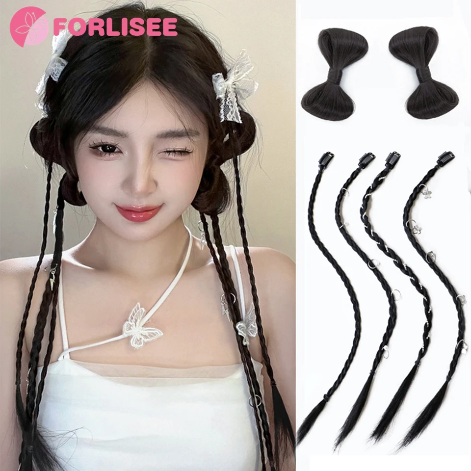 

FORLISEE Wig Braid Female Sweet Cool Natural Bow Fried Dough Twists Long Braid Hair Piece Can Be Tied With Ponytail