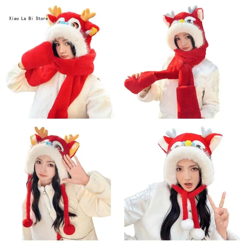 

New Year Dragon Head Hat Glove Scarf 3in1 Set Thick Plush Earflap Hat for Adult XXFD