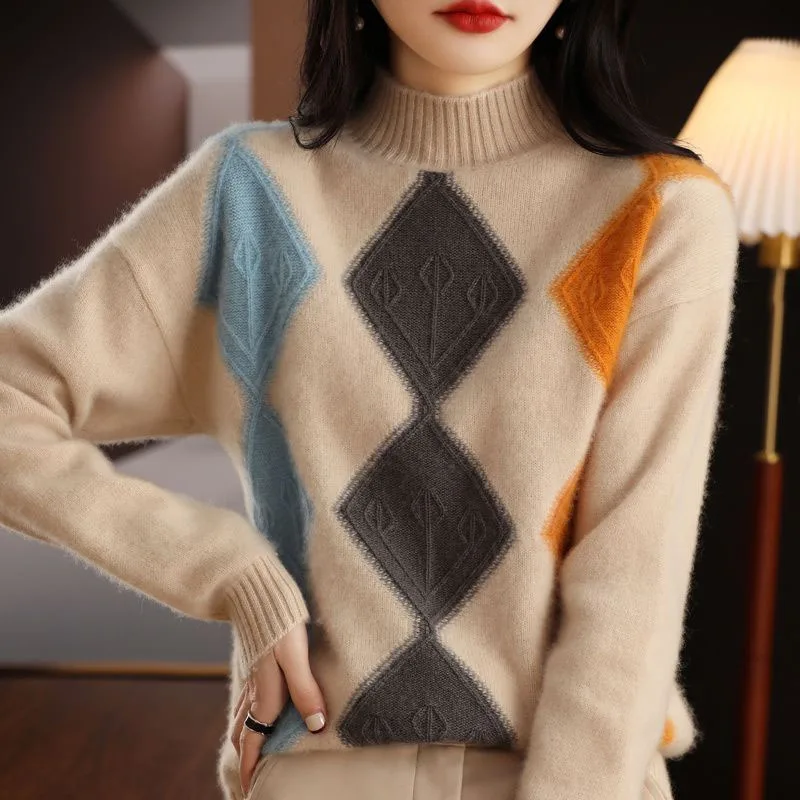 

New Autumn and Winter Fashion Korean Edition Colorblock High Neck Loose Versatile Casual Western Style Women's Knitted Sweater