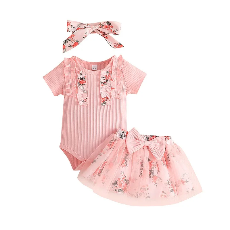 

3PC New Kids Cute Floral Romper Baby Girls Clothes Jumpsuit Overall +Skirt+Headband 0-18M Toddler Newborn Outfits Children Set