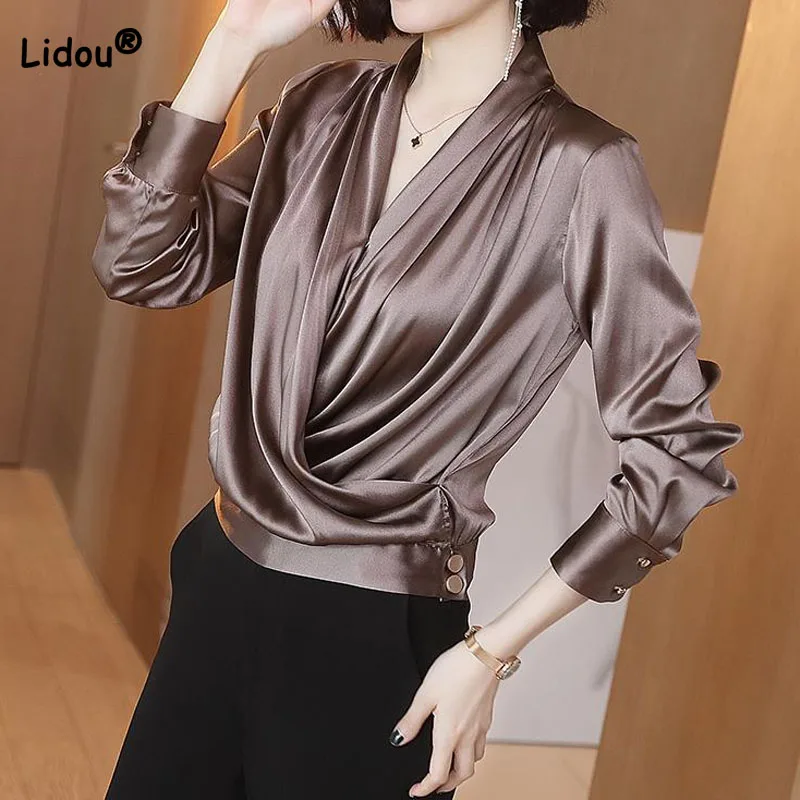 

Office Lady Elegant V-Neck Solid Color Folds Shirt Spring Loose Simplicity Button Spliced Pullovers Blouse Women's Clothing