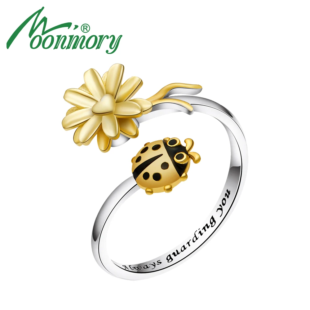 

Moonmory Solid 925 Sterling Silver Open Sunflower Anxiety Ring For Women Letter Ladybug Sunshine Spinner Fidgit Ring Anillos