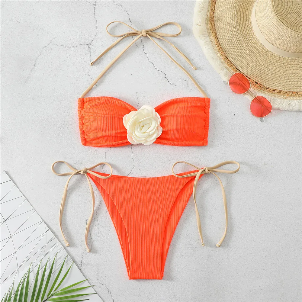 

Sexy Flower Swimwear Women String Halter Bandeau Bikinis Set Mujer Micro Thong Swimsuit Bathing Suit Biquinis Brazilian Bikini