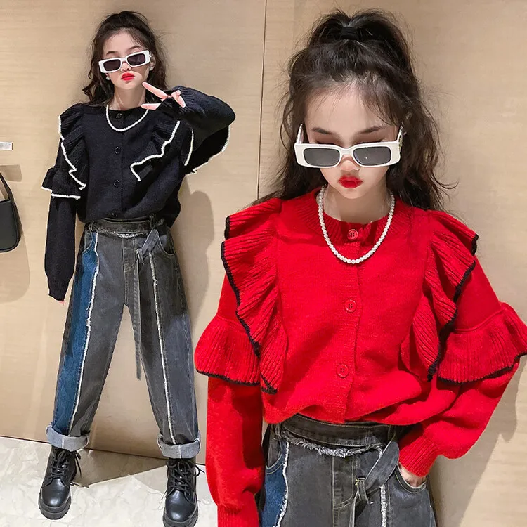 

Весенне-осенний свитер для девочек 2023, нижняя рубашка, корейский трикотаж в западном стиле для детей среднего и старшего возраста с оборками