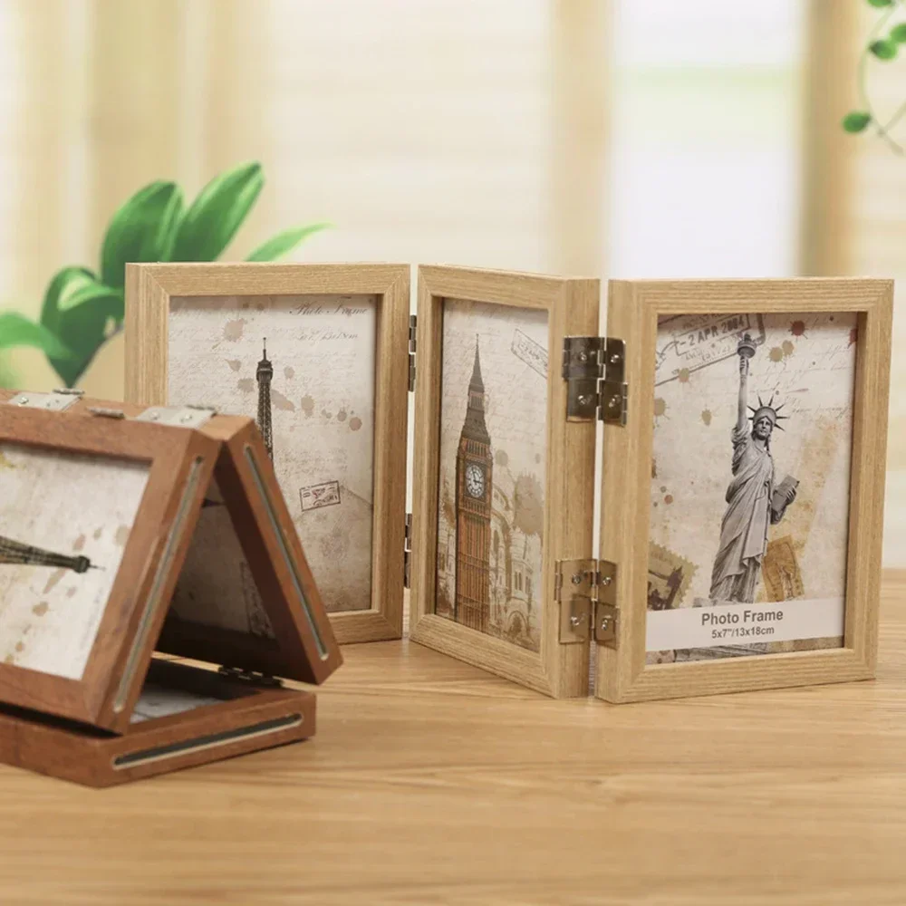 

Three-fold Wooden Photo Frame Creative 6 Inches Double Sided Folding Picture Frame Table Simple Retro Literary Decorative Frame