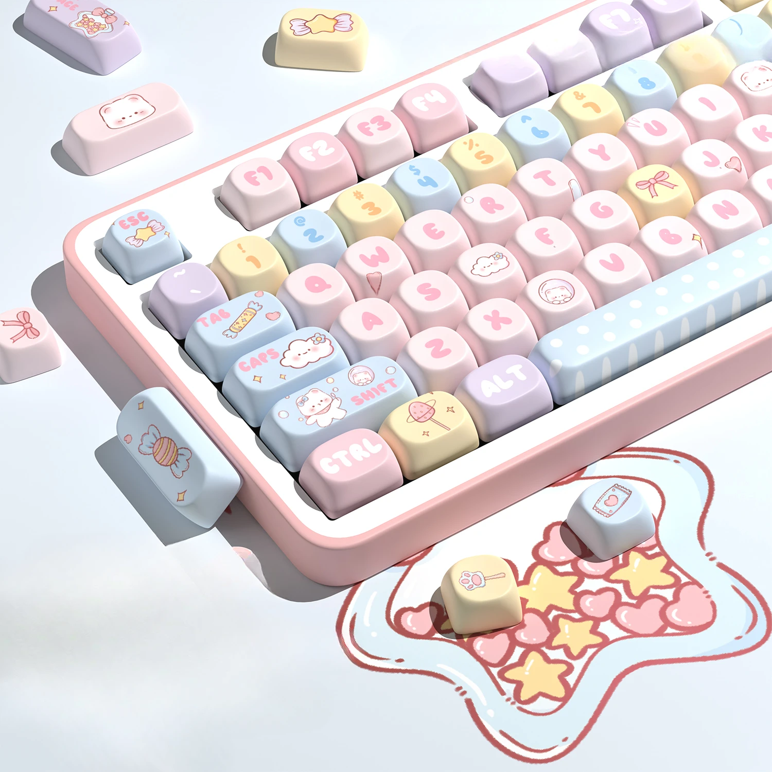 

Cute Candy Bear Keycap Moa Pbt For Mechanical Keyboard Five-Sided Sublimation Keycaps Small Complete Set Of 131 Key Pink Keycap