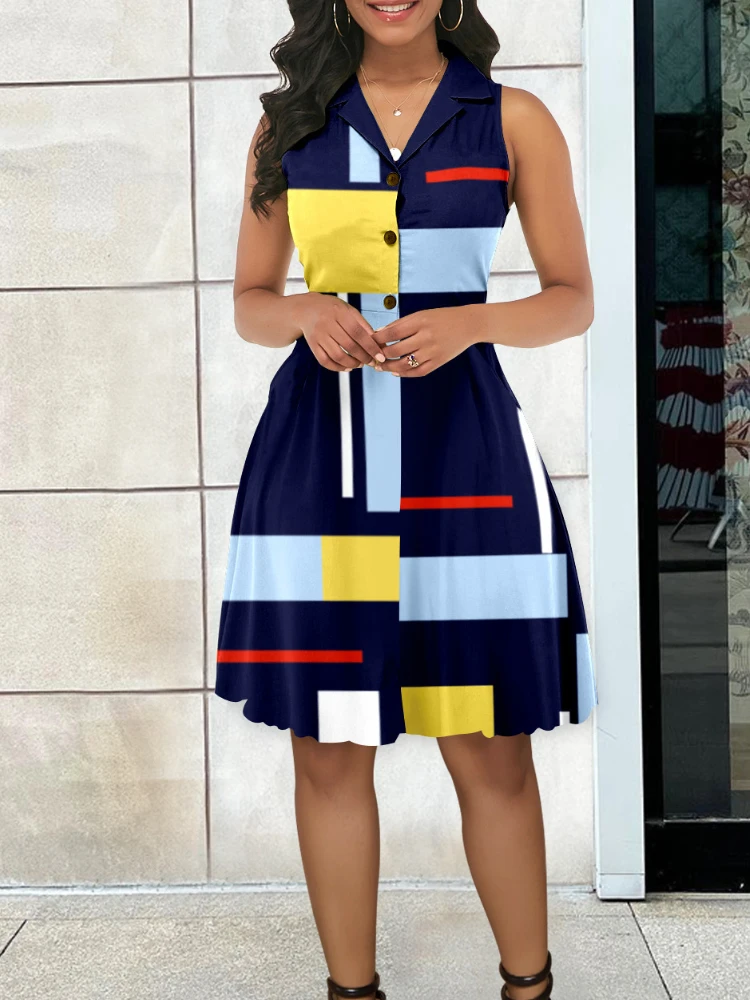 

Women's Dresses 2023 Summer Fashion Geometric Print Colorblock Buttoned Casual Notched Collar Sleeveless Midi Dress Y2K Clothes