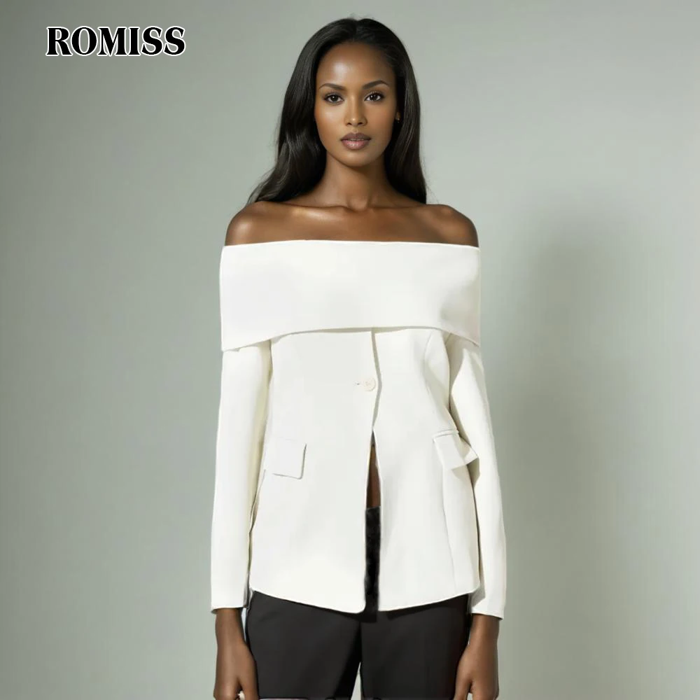 

ROMISS Casual Minimalist Blazers For Women Slash Neck Long Sleeve Spliced Button Off Shoulder Solid Temperament Blazer Female