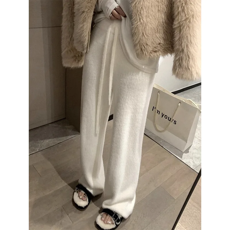 

Korean Knit Sweatpants Women Spring and Winter 2024 New Fashion High Waisted Drawstring Pants Loose Casual Elegant Pants Y2k