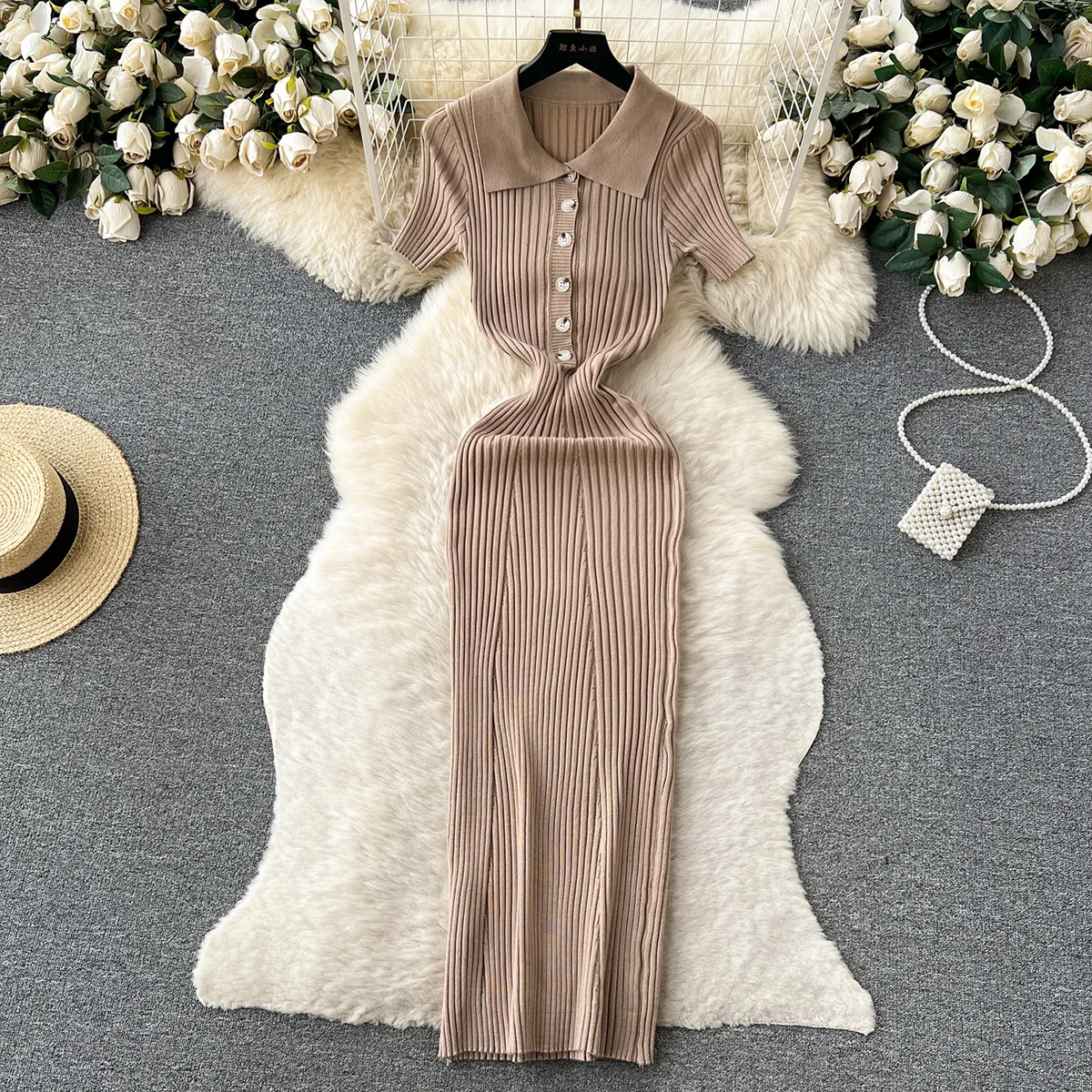 

Croysier Elegant Fitted Bodycon Dress 2023 Summer Short Sleeve Ribbed Knitted Dress Women Buttoned Polo Collar Casual Midi Dress