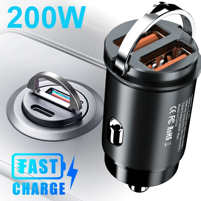 

200W Mini Car Charger Lighter Fast Charging for iPhone QC3.0 PD USB Type C Car Phone Charger for Xiaomi Samsung Huawei iPhone
