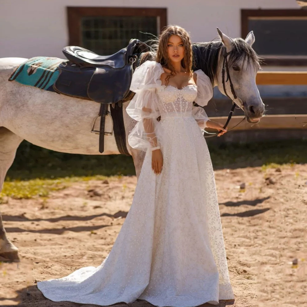 

Beach Wedding Dresses Sweetheart Neck Puff Sleeves Illusion Tulle Bridal Gowns Appliques Floor Length A-line Robe De Mariee 2024