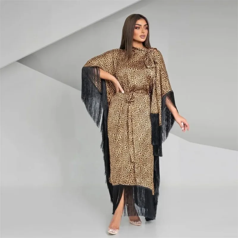 

Dubai Fashion Batwing Sleeve Tassel Evening Party Abayas Saudi Leopard Belted Dresses Shalwar Kameez Moroccan Gulf Women Kaftan