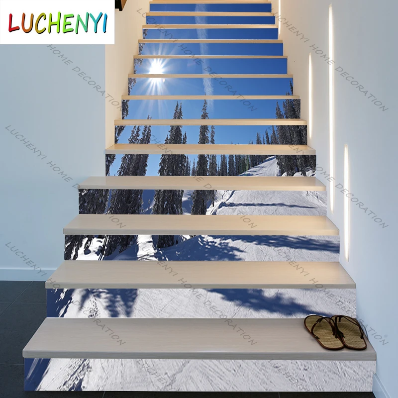 

6pcs 13pcs/Set Stair Floor Decal Self Adhesive Decal DIY Custom Snow Mountain Fog Scene Stair Mural