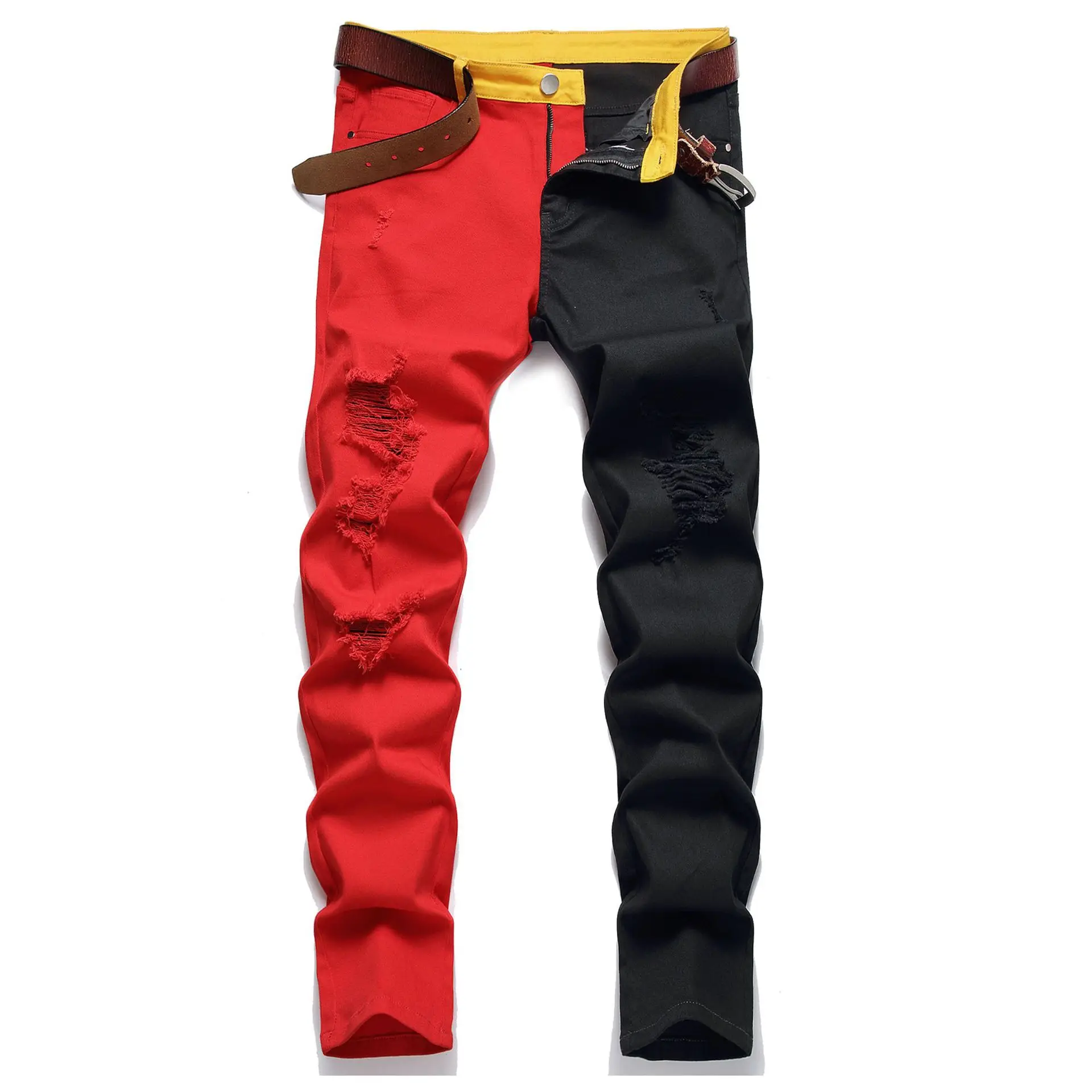 

Men Y2K Stretchy Ripped Skinny Black Red Patchwork Jeans Holes Slim Fit Denim Pants High Quality Hip Hop Jean Pantalones Hombre
