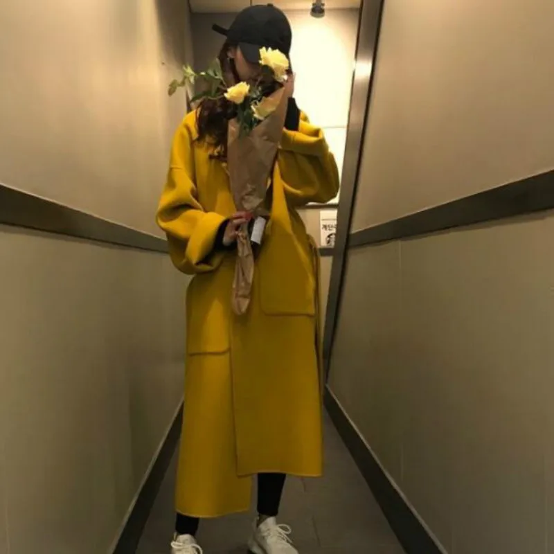 Black Yellow Lapel Wool Jacket Women Elegant Fashion Winter Long Woolen Coat Cardigan Warm Loose Bandage Big Outwear Cute Pocket
Black Yellow Lapel Wool Jacket Women Elegant Fashion Winter Long Woolen Coat Cardigan Warm Loose Bandage Big Outwear Cute Pocket